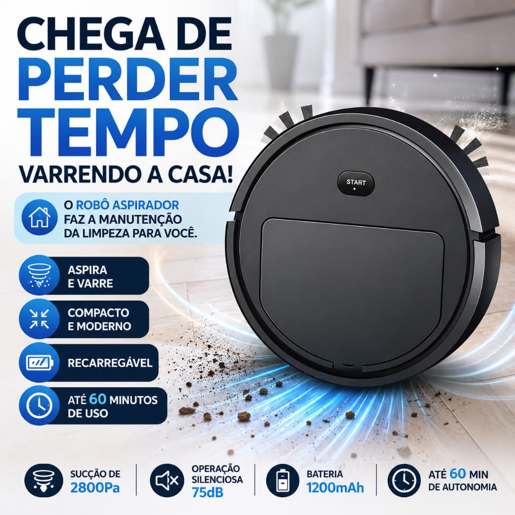 Robô Aspirador de Pó Recarregável 2800Pa com Sensor de Obstáculos Filtro HEPA para Piso e Tapete 110V