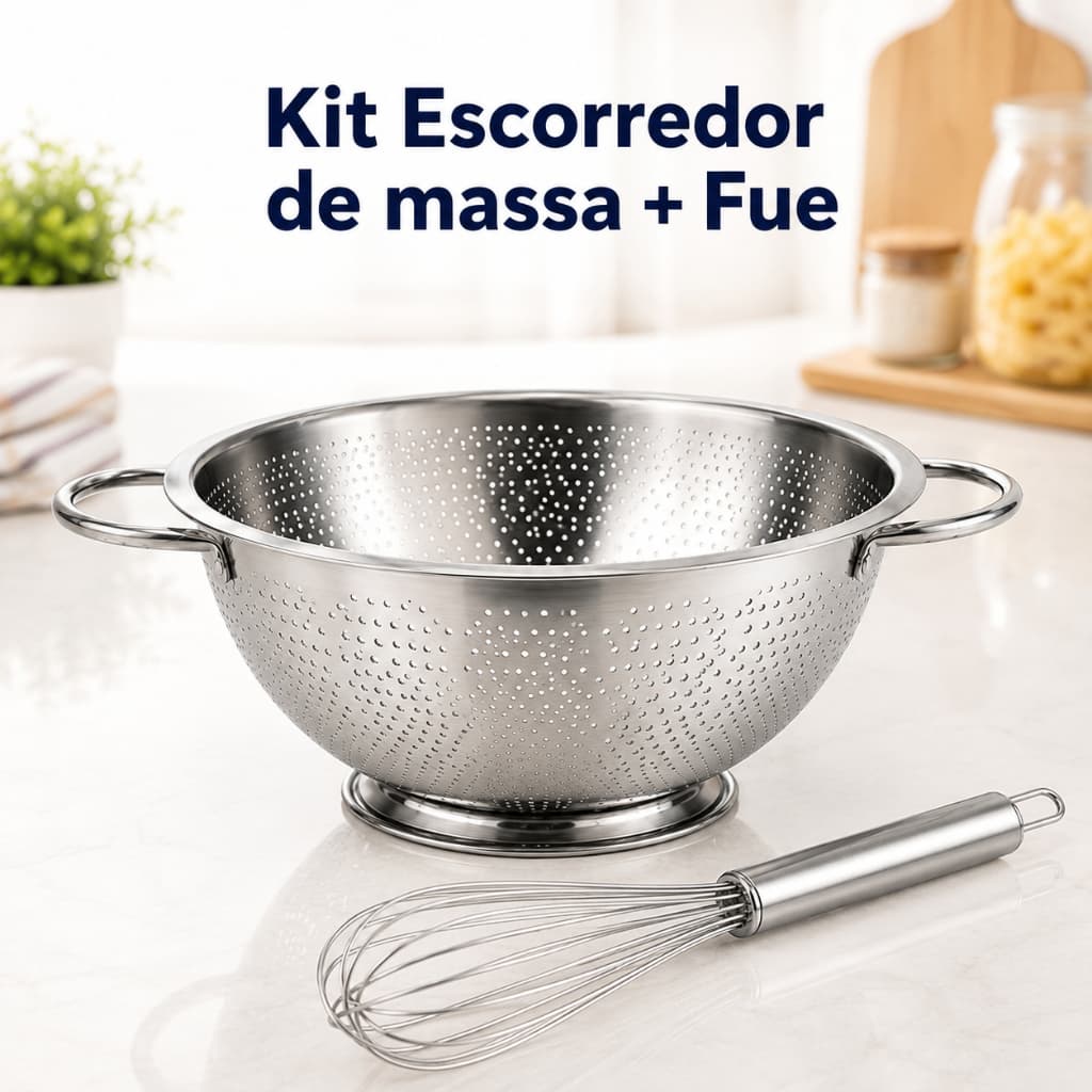 Kit Escorredor de Massa Macarrão Inox 28cm com Alças e Batedor de Ovos Fue Fouet Aço  kit utensílios cozinha