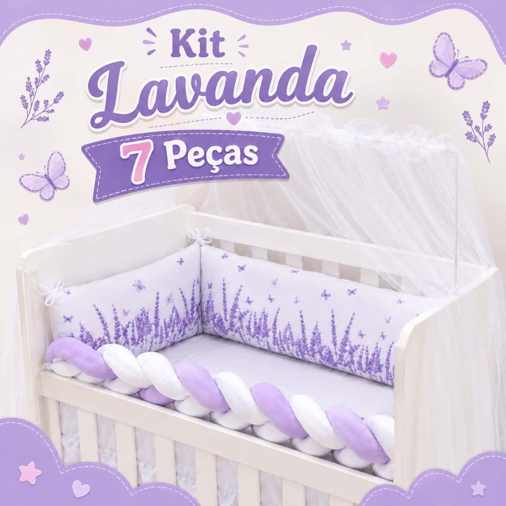 Kit para Mini berço lavanda lilás menina 7 peças com trança protetora almofada lateral mosquiteiro