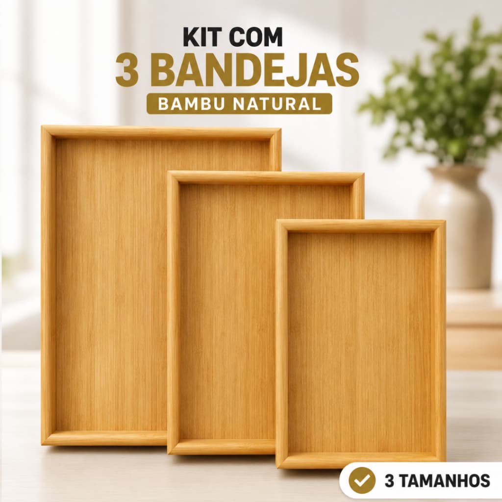 Kit 3 Bandejas de Bambu Retangular para Cozinha Servir Café da Manhã Decorar Elegante ENVIO IMEDIATO