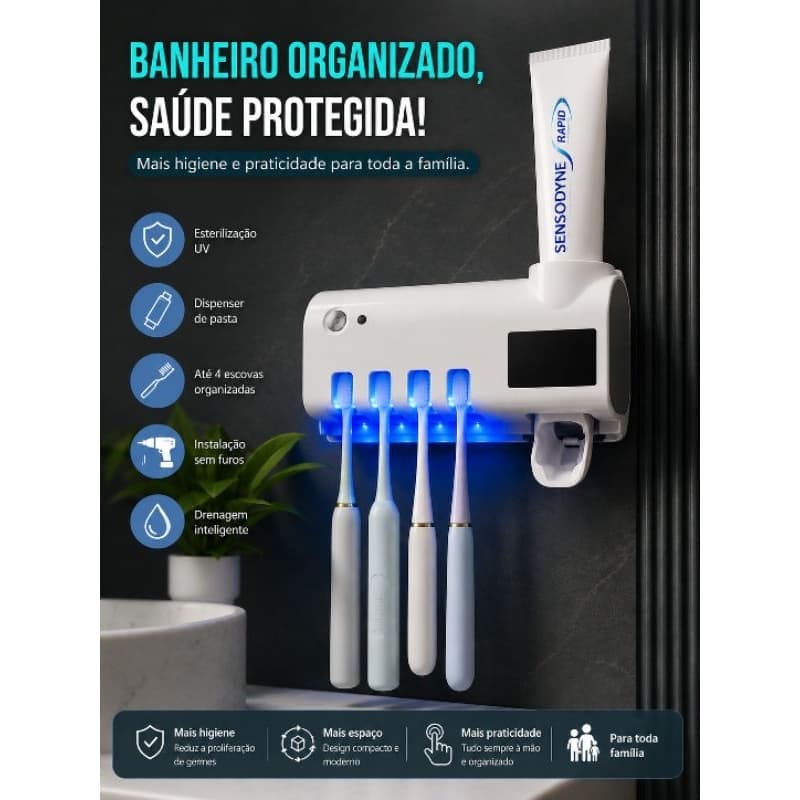 Suporte Escova Dental UV Organizador Banheiro Dispenser Pasta