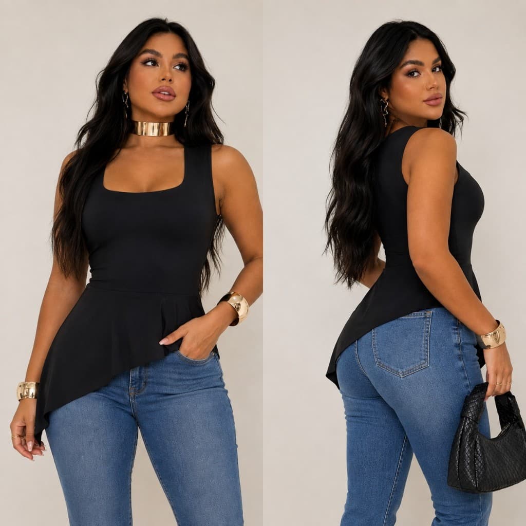 Blusa Regata Peplum Feminina Bababo Assimétrica JÚ Decote Quadrado Elegante Moda Verão.