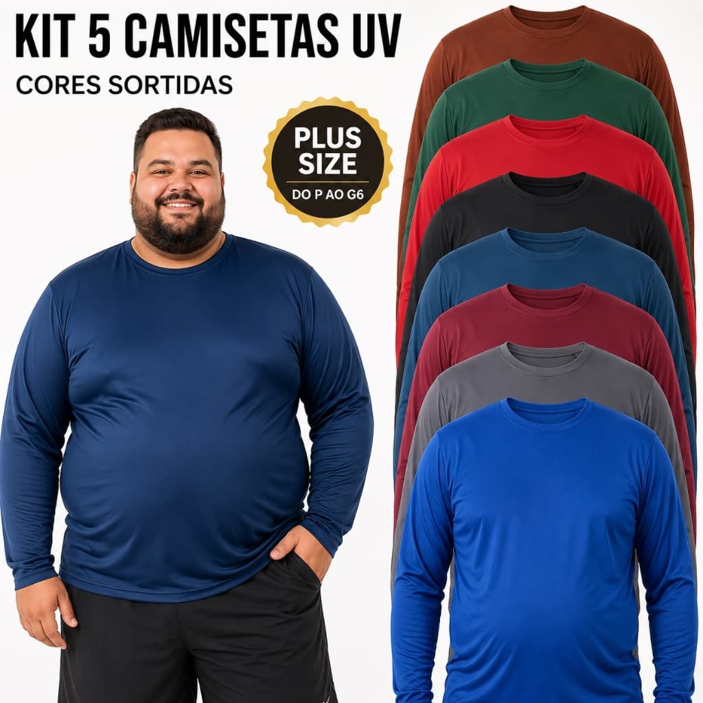 Kit 5 Camisetas Uv Plus Size Masculina Verão Segunda Pele Proteção Solar Cores Sortidas