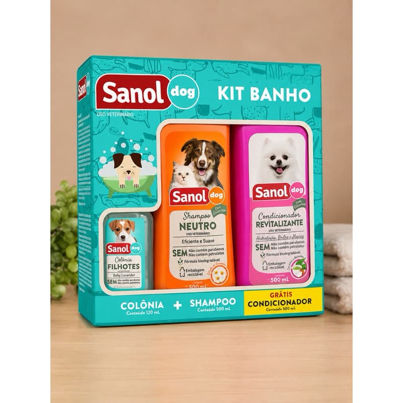 Banho Sanol Dog para Cães cachorro  – Shampoo Neutro 500ml + Condicionador 500ml + Colônia Filhotes 120ml