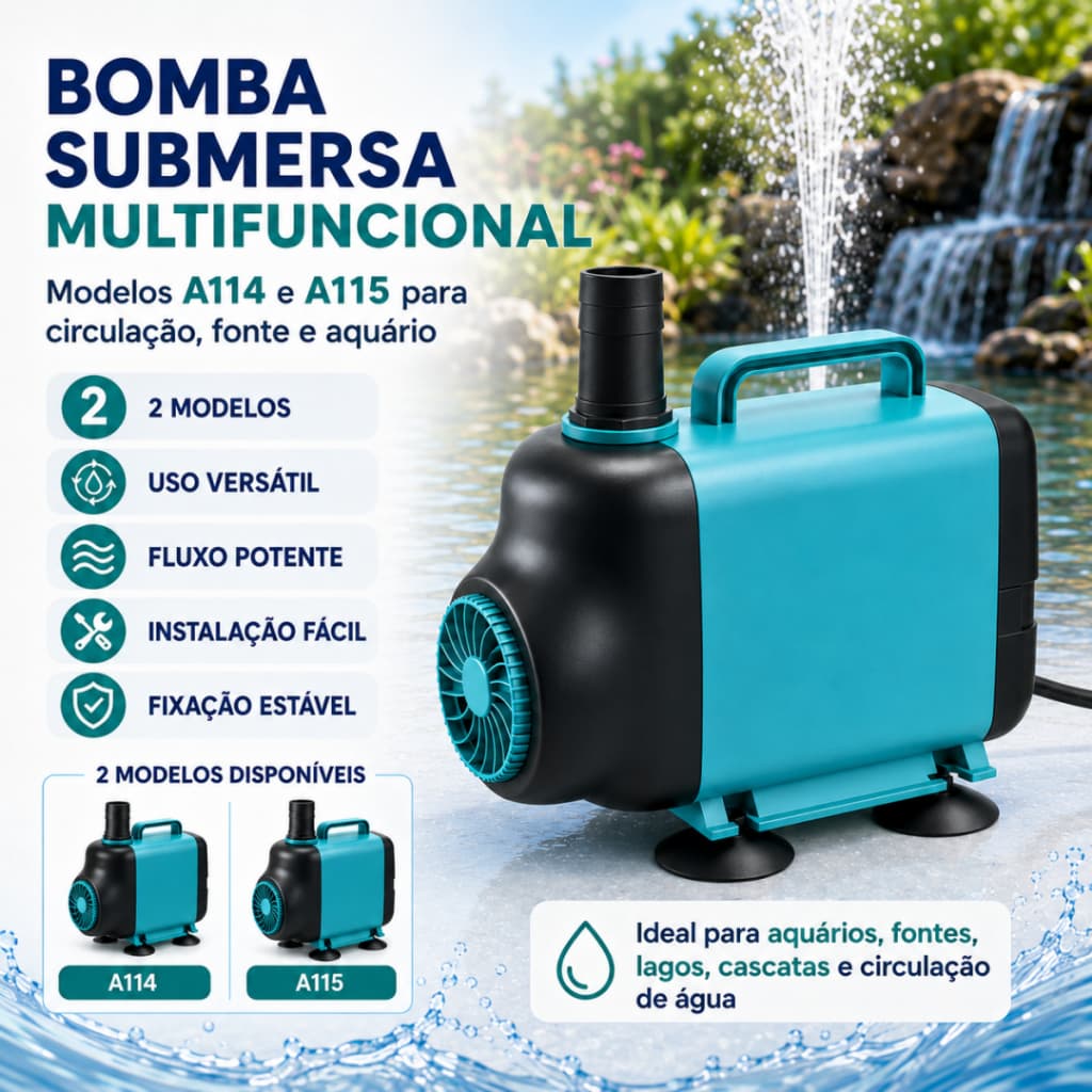 Bomba Submersa 110V para Aquário Fonte Lago e Cascata 3500L/H ou 5000L/H com 4 Ventosas
