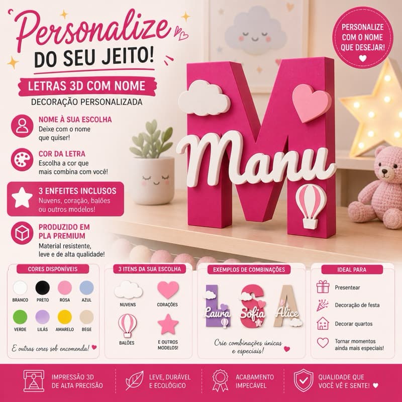 Letreiro decorativo personalizado em impressão 3D