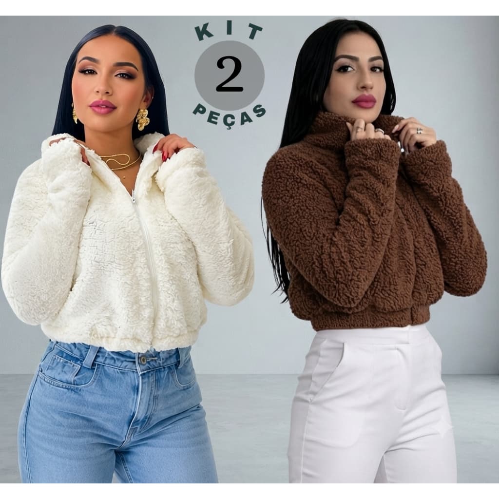 Kit 2 Jaqueta Teddy Pelo Casaquinho Tedy Elegante Pelinho Confortável Zíper Moda Feminina Blogueira