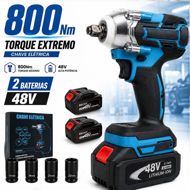 Chave de Impacto 48V Brushless 800Nm Sem Fio 2 Baterias Alta Torque Automotiva com Soquetes