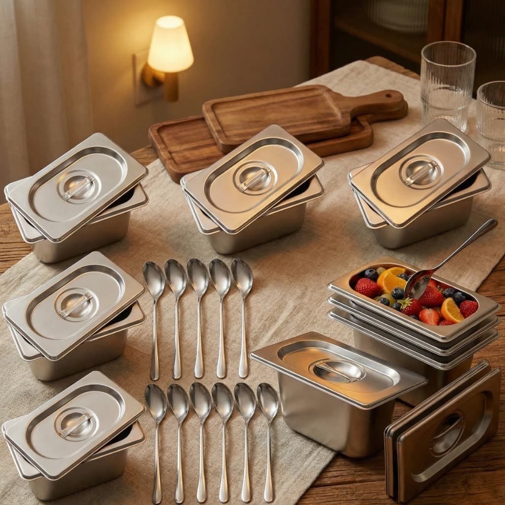 Kit 12 Cubas Inox 1/9 100mm Tampa e Colher, Buffet Restaurante Sorvete Salada