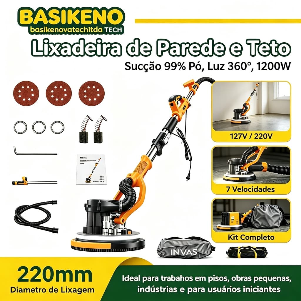 Lixadeira Elétrica de Parede e Teto 1200W Bivolt 127V 220V Telescópica 7 Velocidades com Led e Aspirador e Acessórios