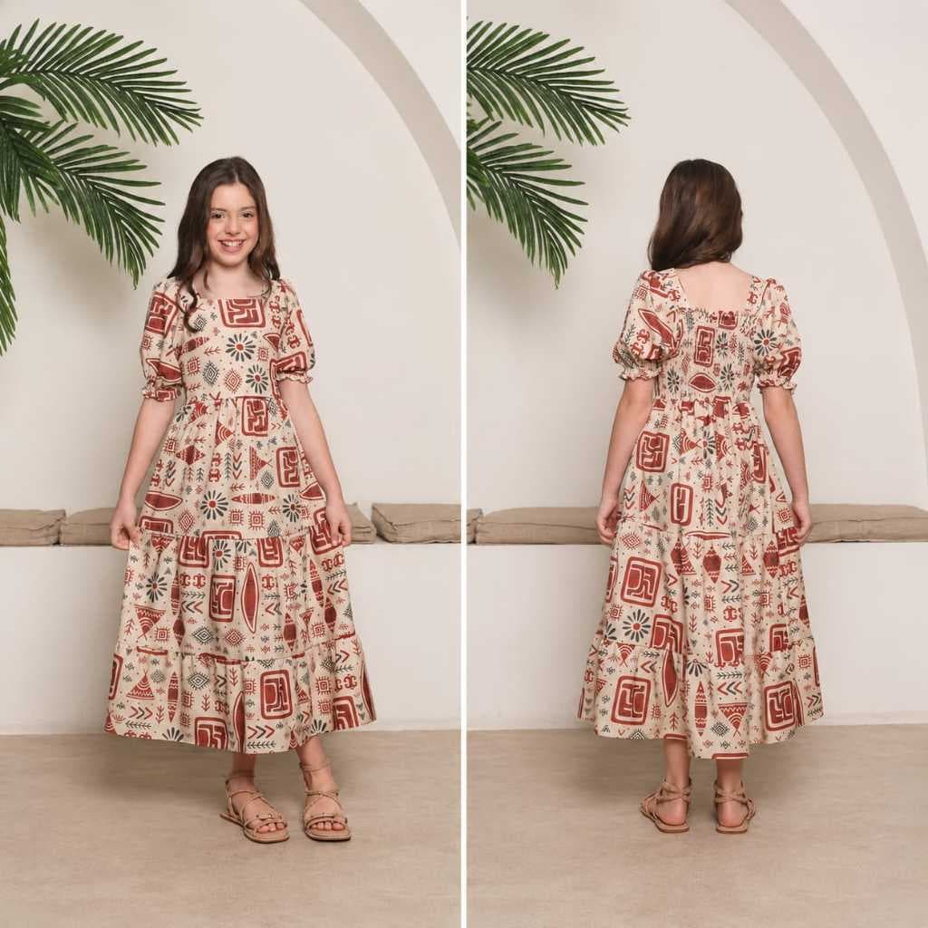 Vestido Longo Infantil e Juvenil 3 Marias Manga Bufante Crepinho Estampado Meninas