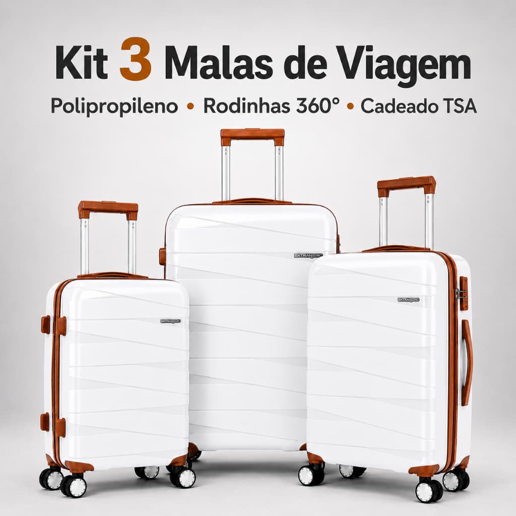 Kit 3 Malas de Viagem Rígidas Polipropileno P M G | Rodinhas 360° Expansível Cadeado Embutido