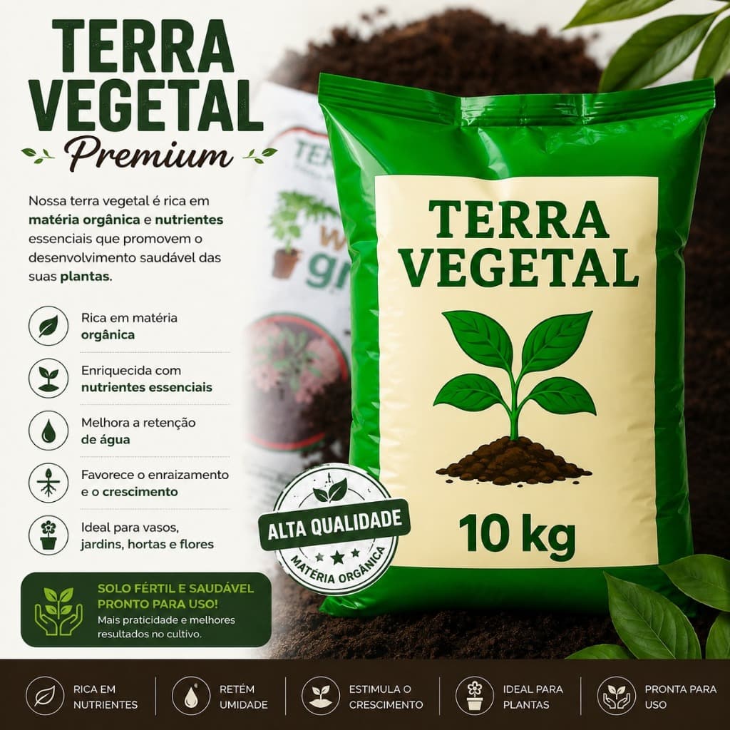 Terra Vegetal Premium adubada 10kg Solo Orgânico para Horta Jardim e Vasos - pronta para o uso
