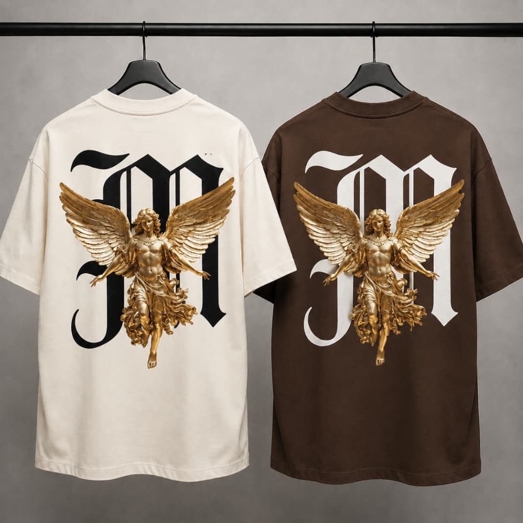 Kit 2 Camisetas Oversized Streetwear 100% Algodão Estampa Anjo Premium Off White e Marrom Unissex