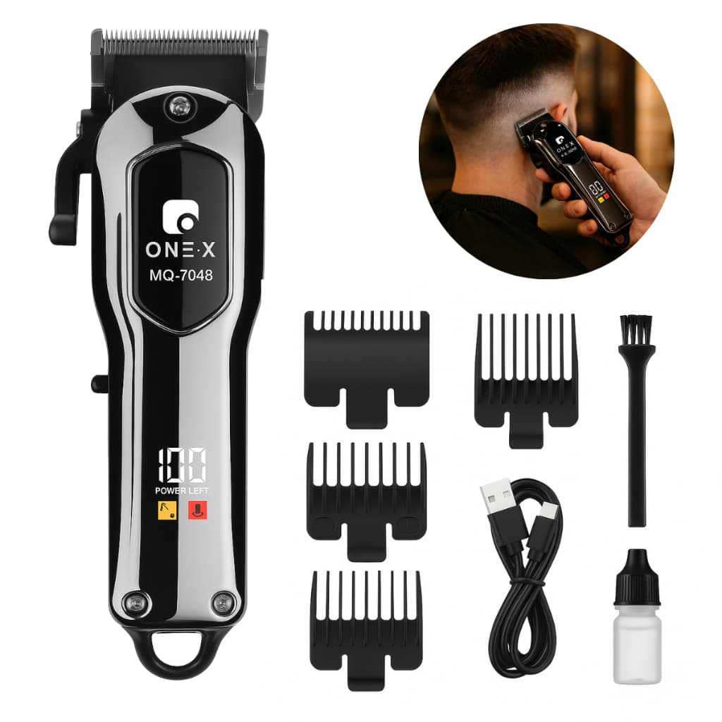 Máquina de Cortar Cabelo Recarregável Profissional USB Display LED com 4 Pentes Guia