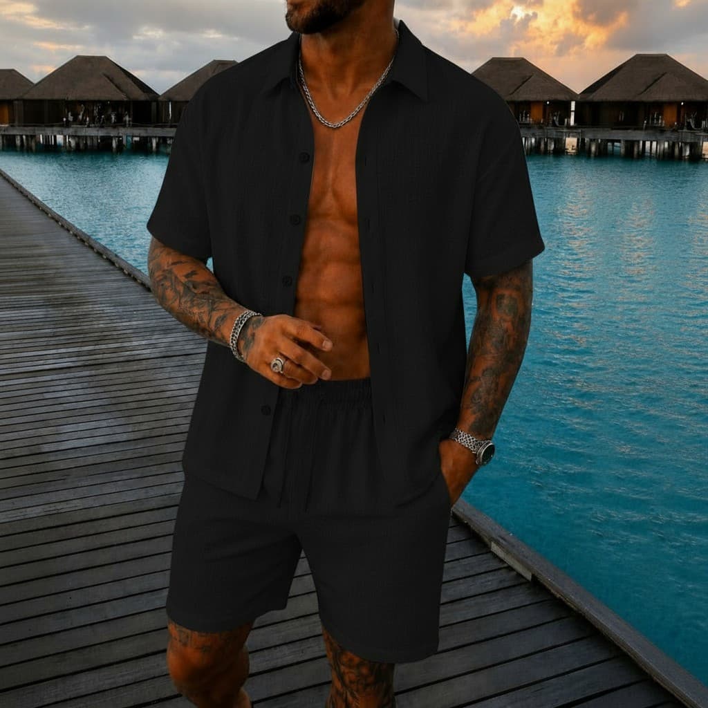 Conjunto Camisa E Short Masculino Em Viscolinho Com Gola E Estampa Lisa Para O Verão