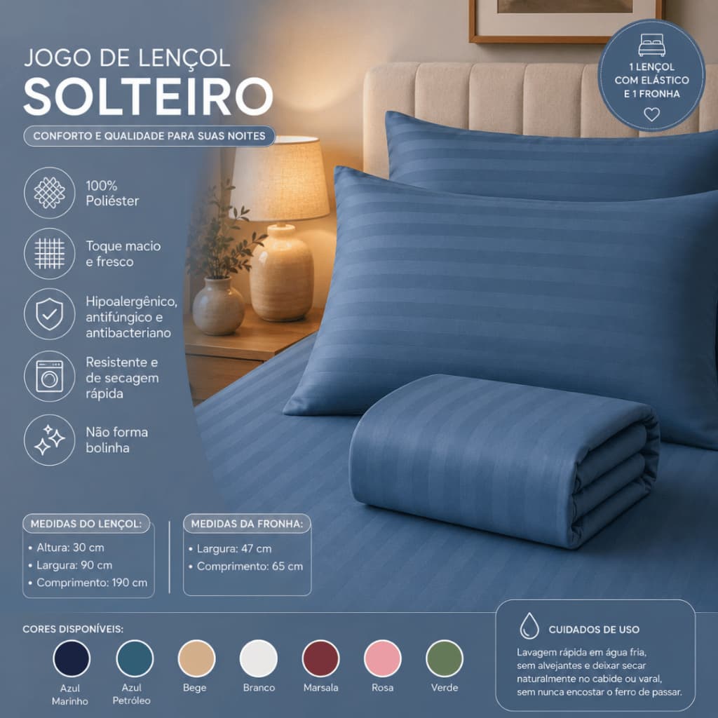 Jogo de Lençol Solteiro com Elástico + Fronha 400 Fios Toque Macio Premium Antialérgico Envio Full