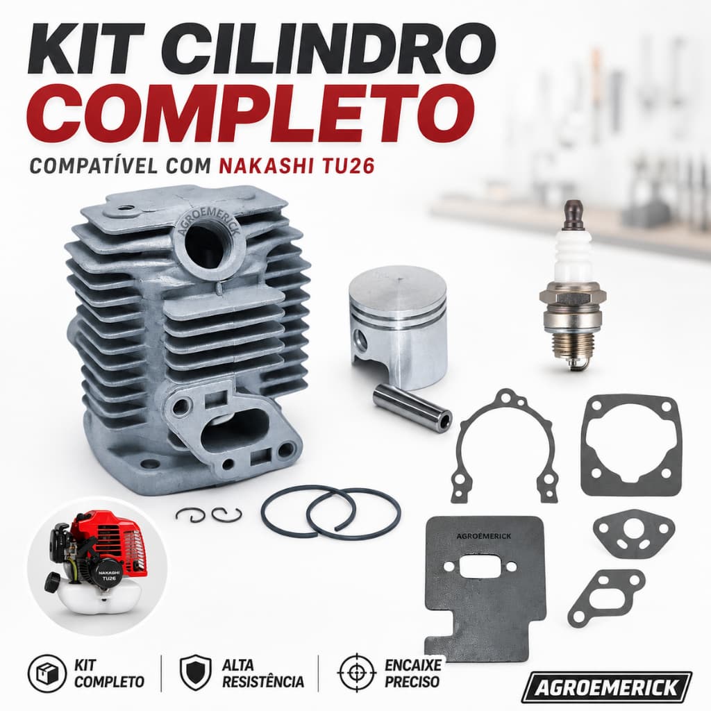 Kit Cilindro Roçadeira e Pulverizador 26cc + Juntas Vela Nakashi TU26 Garthen CG261B Dayo CG 261