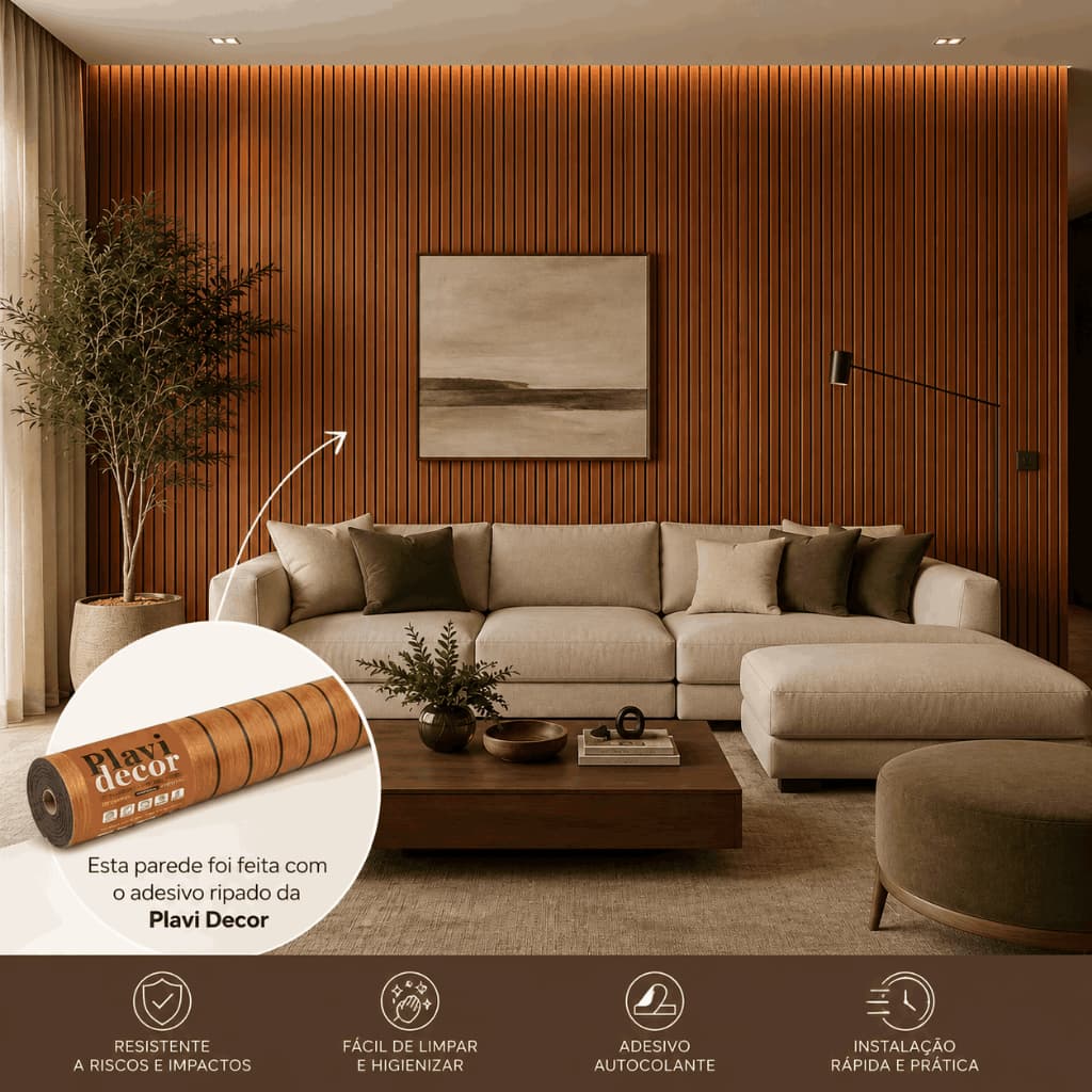 Painel Ripado Autocolante Cedro 60cm x 3m PlaviDecor Espuma Revestimento de Parede