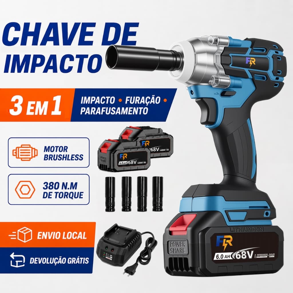 Chave de Impacto a bateria 1/2 e 3/4 Brushless 380Nm 3 em 1 com 2 Baterias e 4 Soquetes Eletrica Profissional