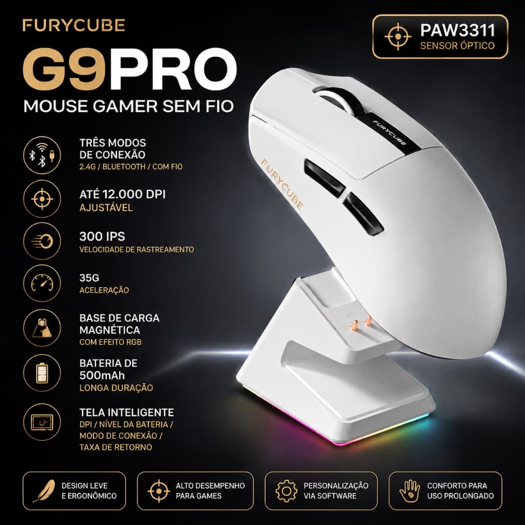 G9PRO PAW3311 Mouse gamer com base de carregamento sem fio 2.4G BT USB 12000DPI 1khz RGB software Ergonomic PC WIN Mac
