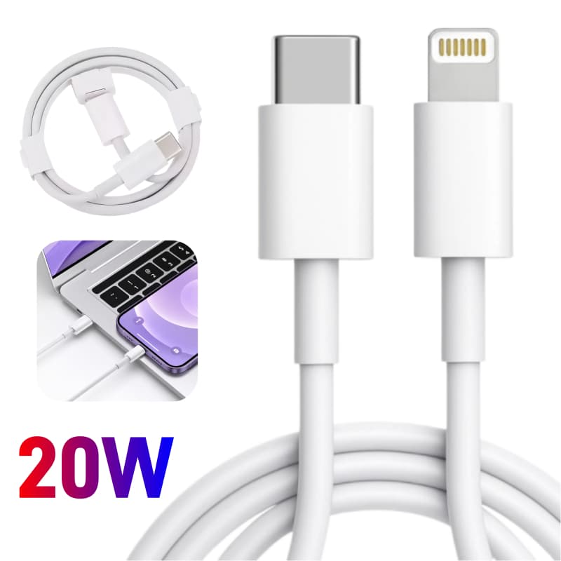 Cabo Carregador Lightning USB-C PD 20W Para iPhone 11 12 13 14 Pro Max 1M - Carga Rápida Cabo Duplo Type C