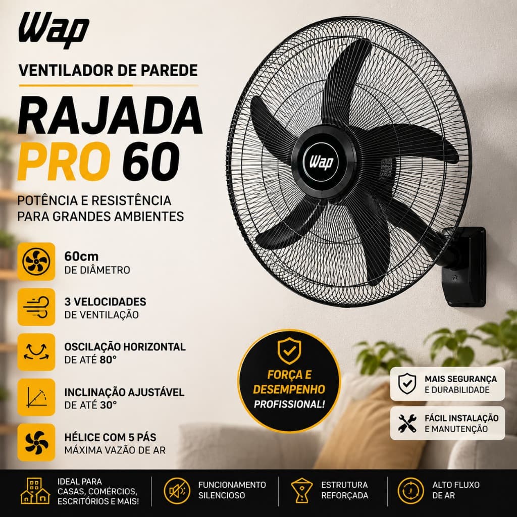WAP Ventilador de Parede Profissional RAJADA PRO 60, com 5 Pás e 3 Velocidades 135W Bivolt
