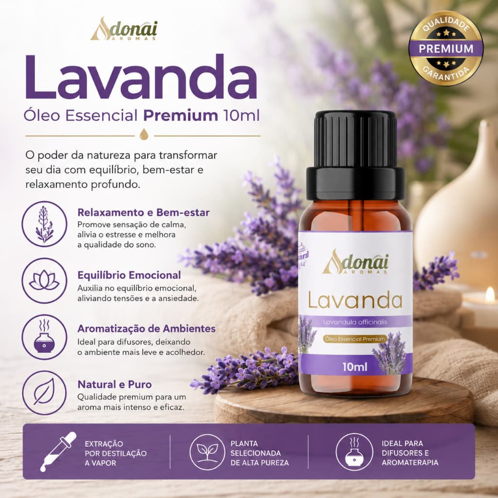 Óleo Essencial Premium Lavanda 10ml Adonai Original Puro Aromaterapia Natural Uso Difusor 10ml Puro