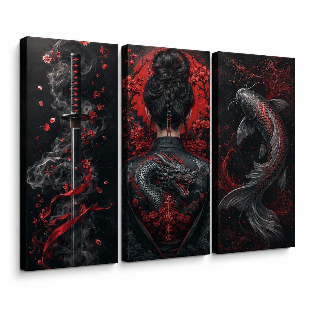 Kit 3 Quadros Decorativos Japoneses Gueixa Katana Dragão e Carpa Koi Preto e Vermelho