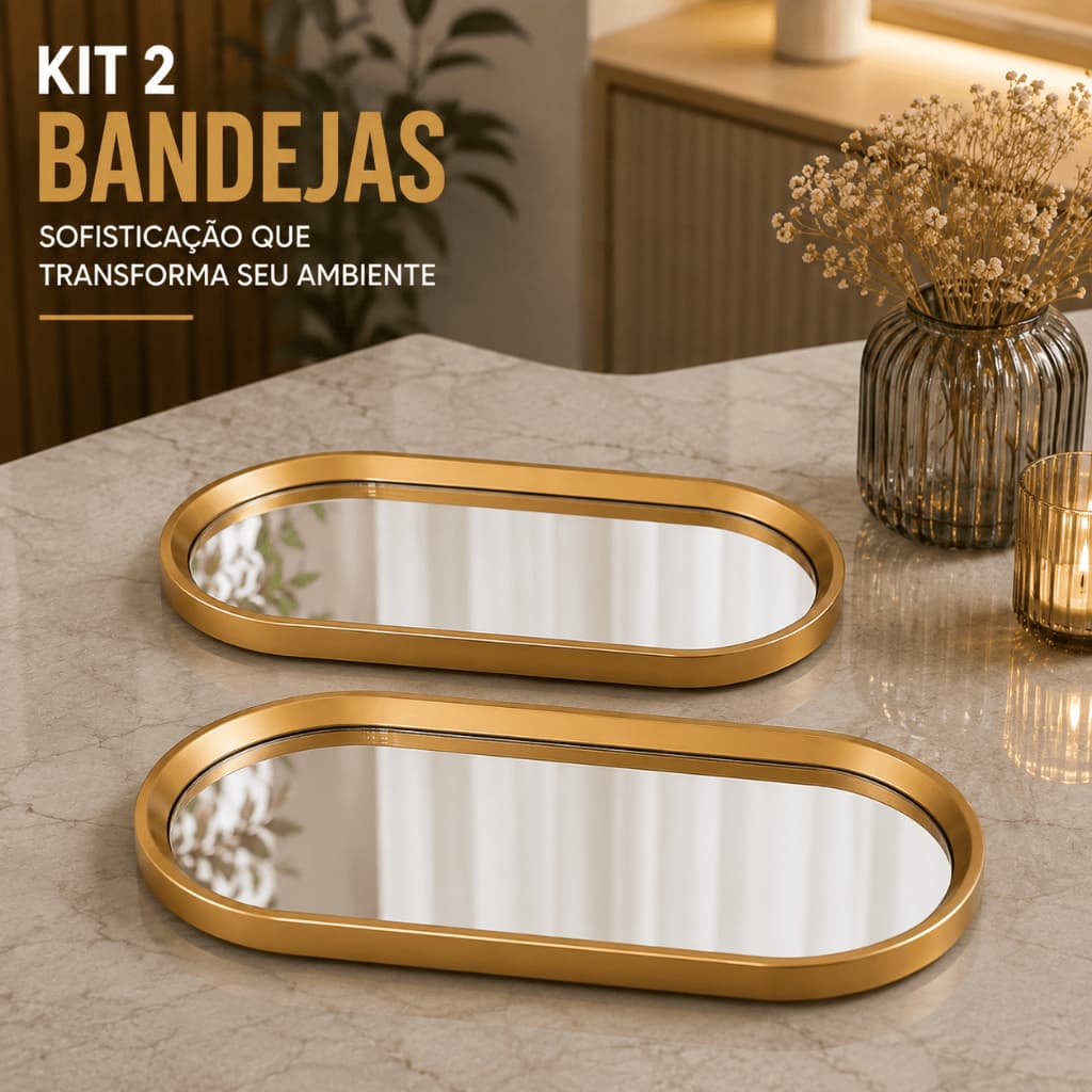 Kit 2 Bandejas Douradas Espelhadas Decorativas Porta Perfumes Maquiagem Lavabo Banheiro Luxo