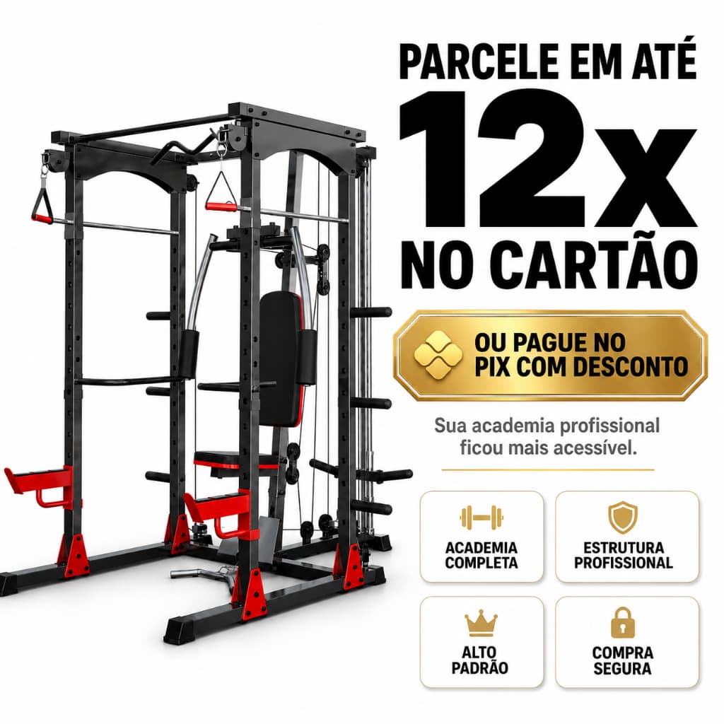 Estação de Musculação Smith Machine 5 em 1 com Crossover Barra Guiada Polia Alta e Baixa e Barra Fixa