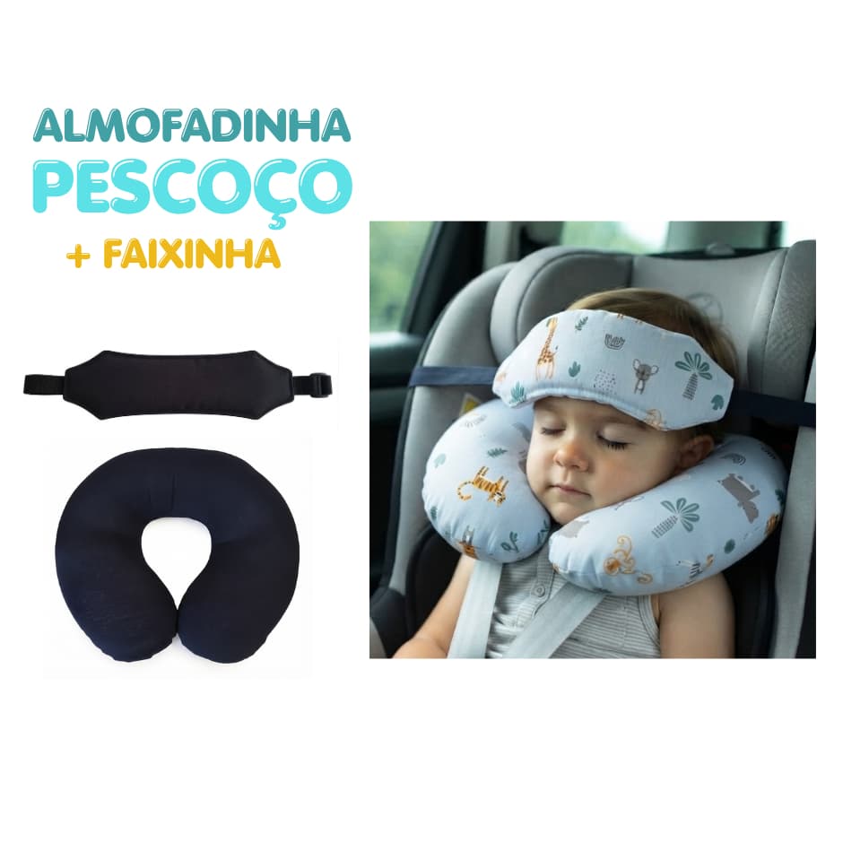 Almofada para Pescoço Infantil com Faixinha Apoio de Cabeça Soneca Cadeirinha Viagem Carro