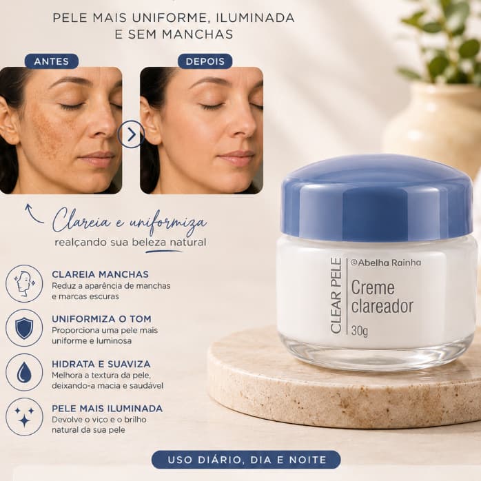 Creme Facial Clareador Noturno para Melasma Mancha de Sol Sardas Espinhas Clear Pele Abelha Rainha 30g
