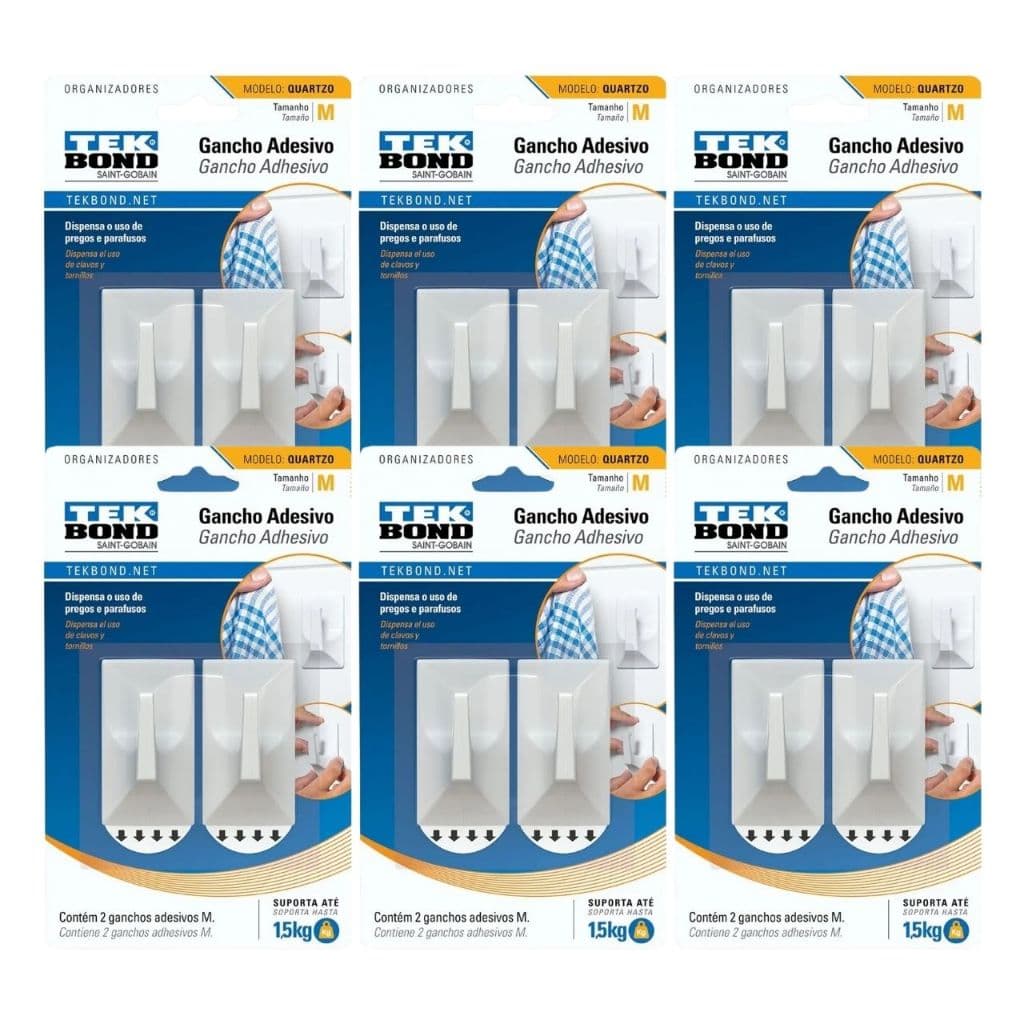 Kit 6 Ganchos Adesivos Tekbond Quartzo Branco Plástico Médio
