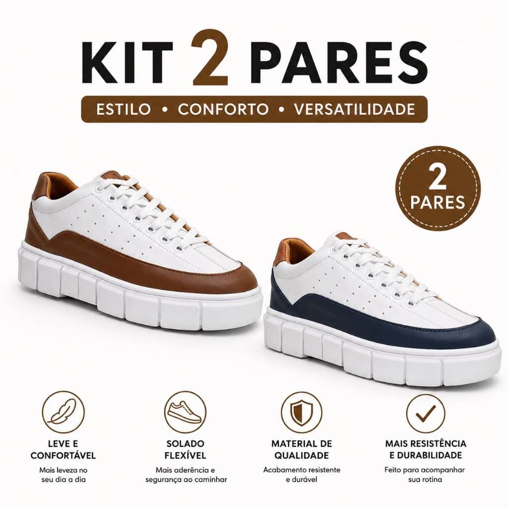 Kit 2 Pares Tênis Masculino Casual Sola Alta Sneaker Estiloso Confortável em Couro Ecológico
