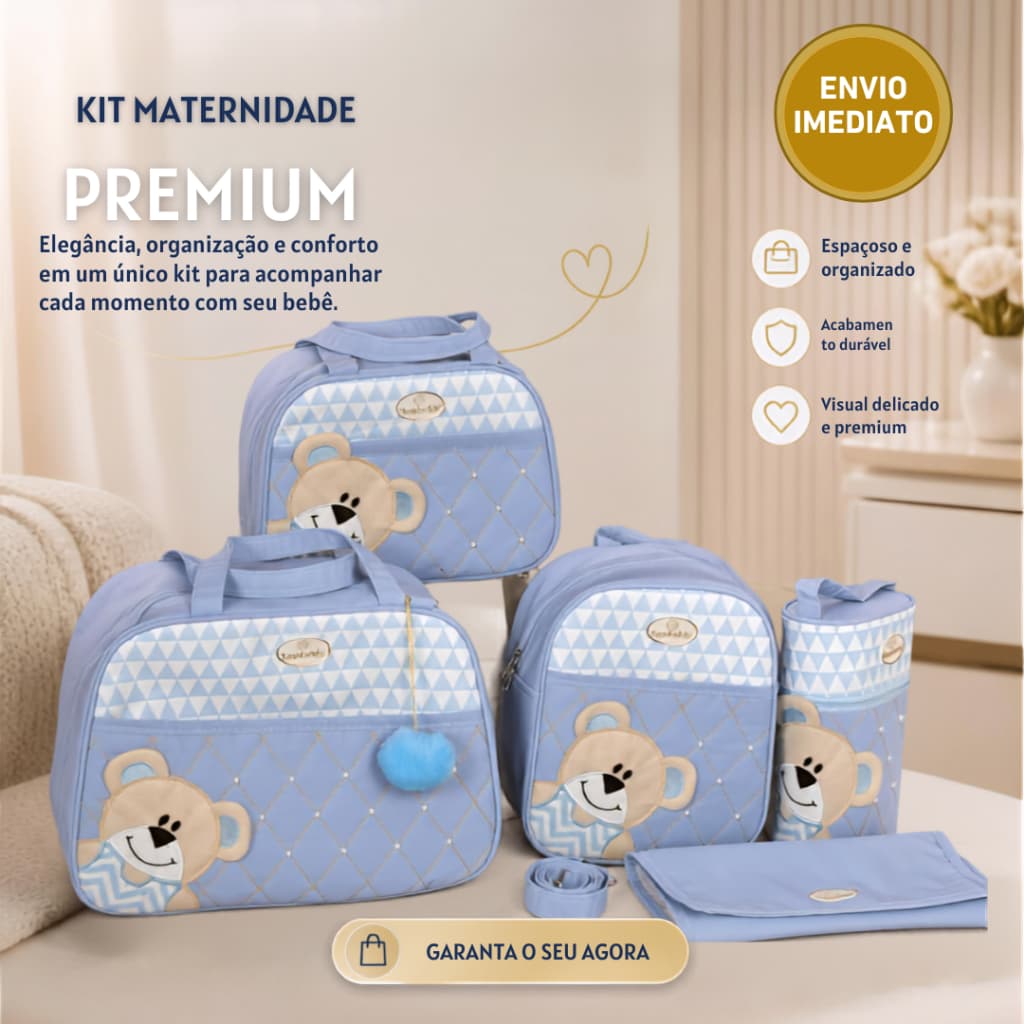 Kit Bolsa de Bebê Urso de Lado 5 Peças (Azul)