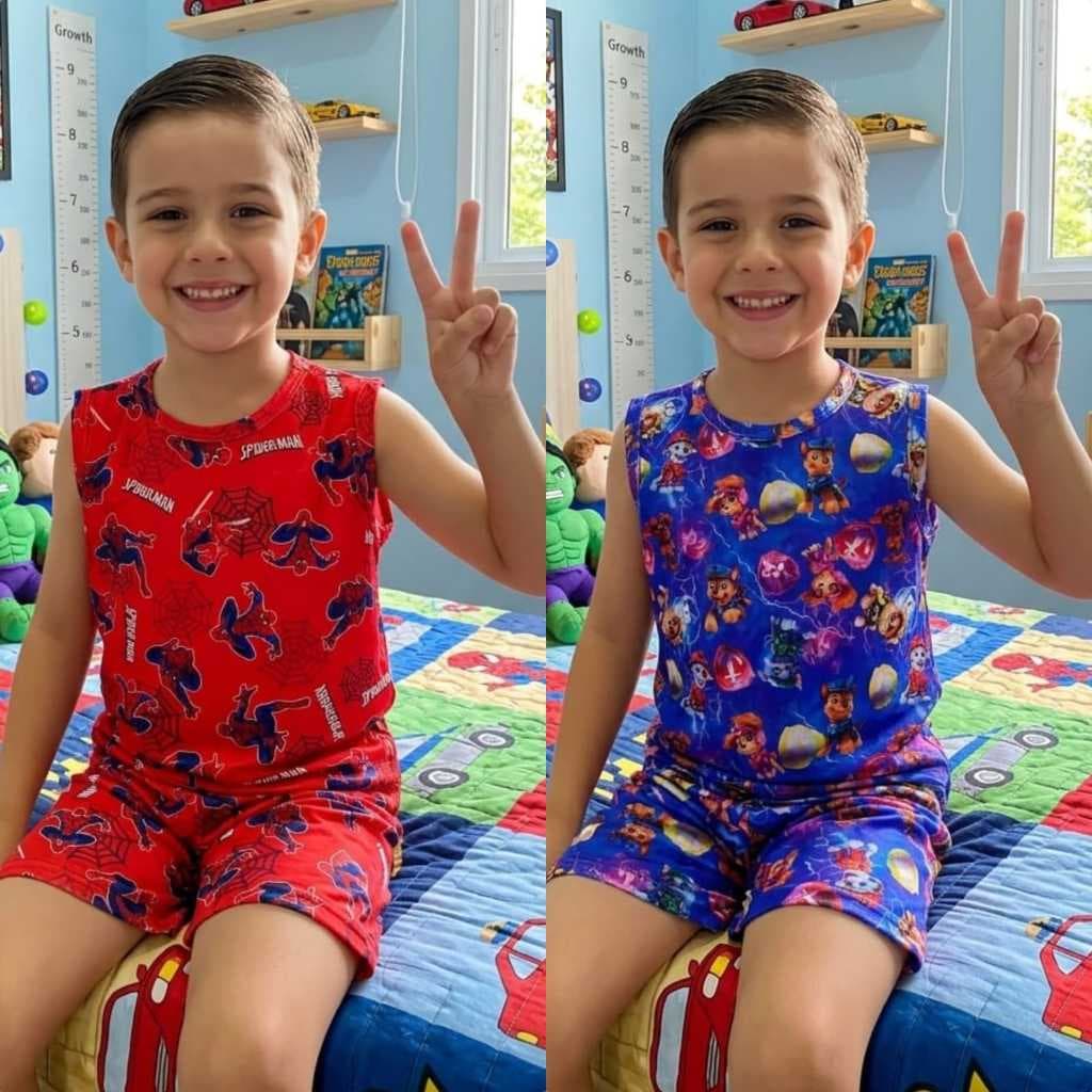 Kit 2 Pijamas Infantil Masculino Estampado Material Suede Regata Short Menino Sonic Hulk Personagem