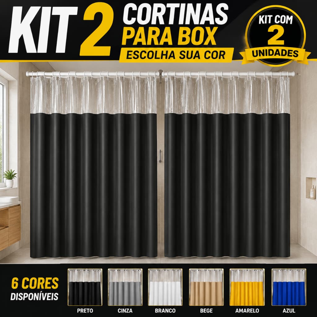 Kit 2 Cortinas de Gancho Para Box Banheiro Vinil Lisa Com Visor Transparente Impermeável Plast Leo