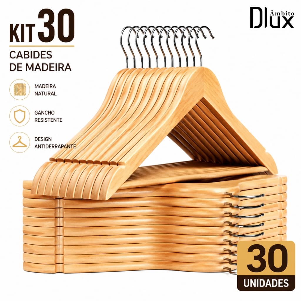 Ambito Dlux Kit 30 Cabides Madeira Para Roupas, Cabide Premium Elegante E Resistente Para Camisas, Casacos E Ternos