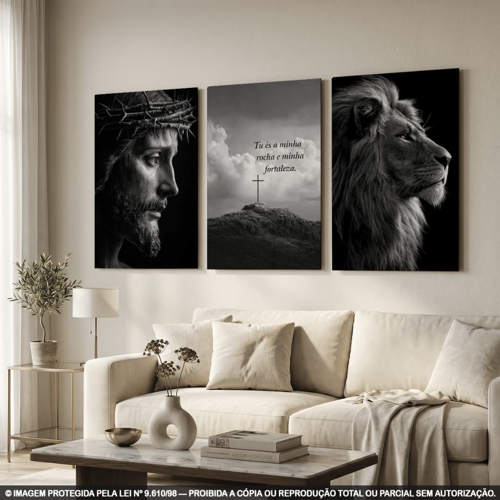 Quadro Decorativo Mosaico Kit 3 Peças Jesus Cristo Leão Cruz Sagrada Fé Preto e Branco