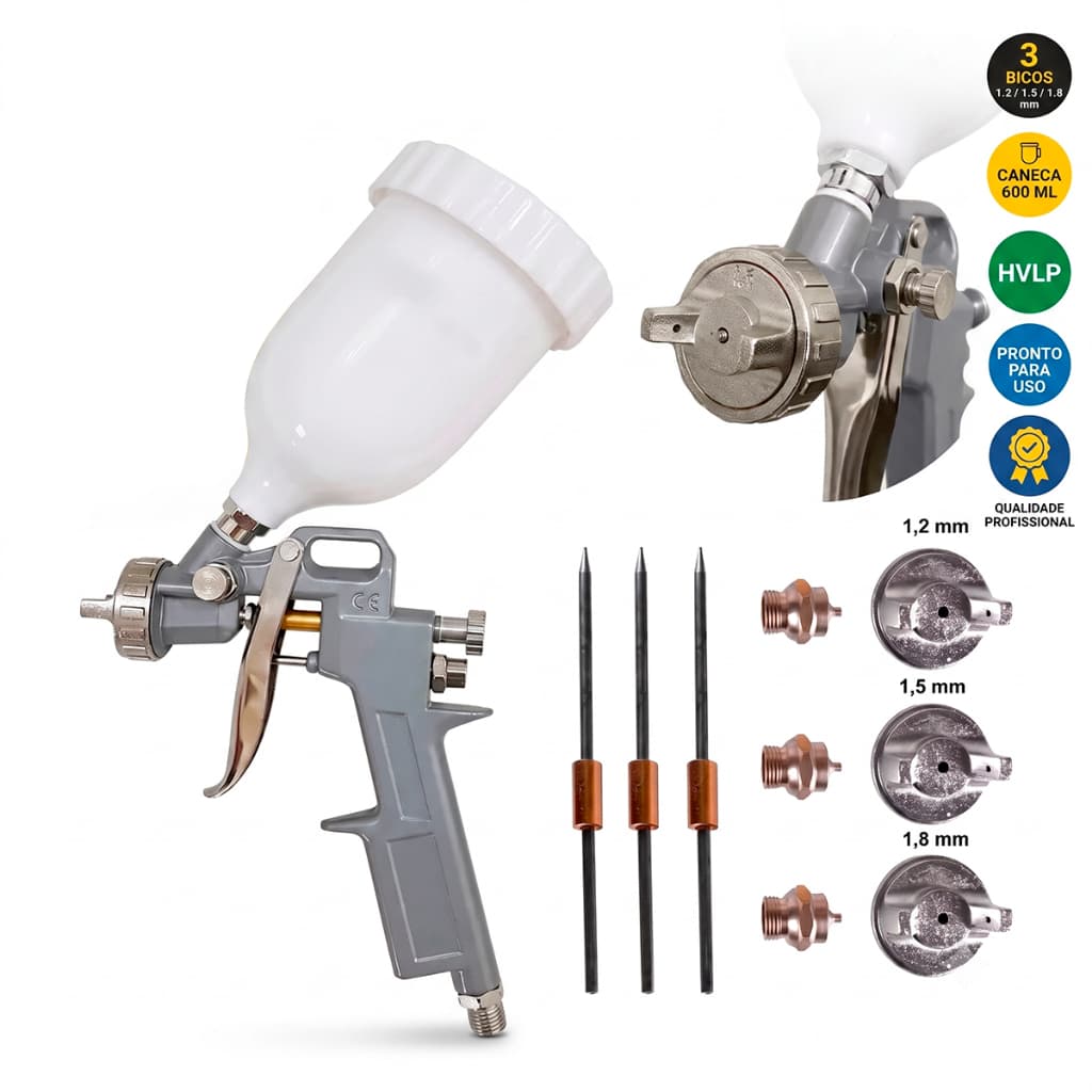 Pistola de Pintura Gravidade 600ml com 3 Bicos 1,2 1,5 e 1,8mm Profissional Alta Precisão
