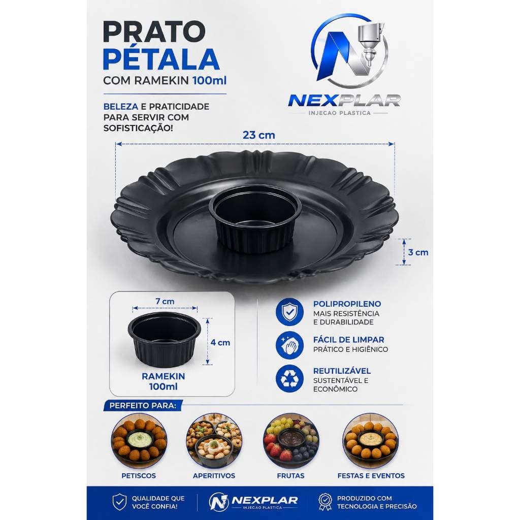 KIT 16 PEÇAS 8 PPRATOS PÉTALA E 8 RAMEKINS DE PLÁSTICO PRETO PARA JANTAR ALMOÇO REUTILIZÁVEIS DURAVÉIS