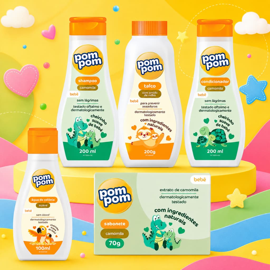 Kit Banho Shampoo Condicionador Sabonete Camomila Talco Água de Colônia Pom pom