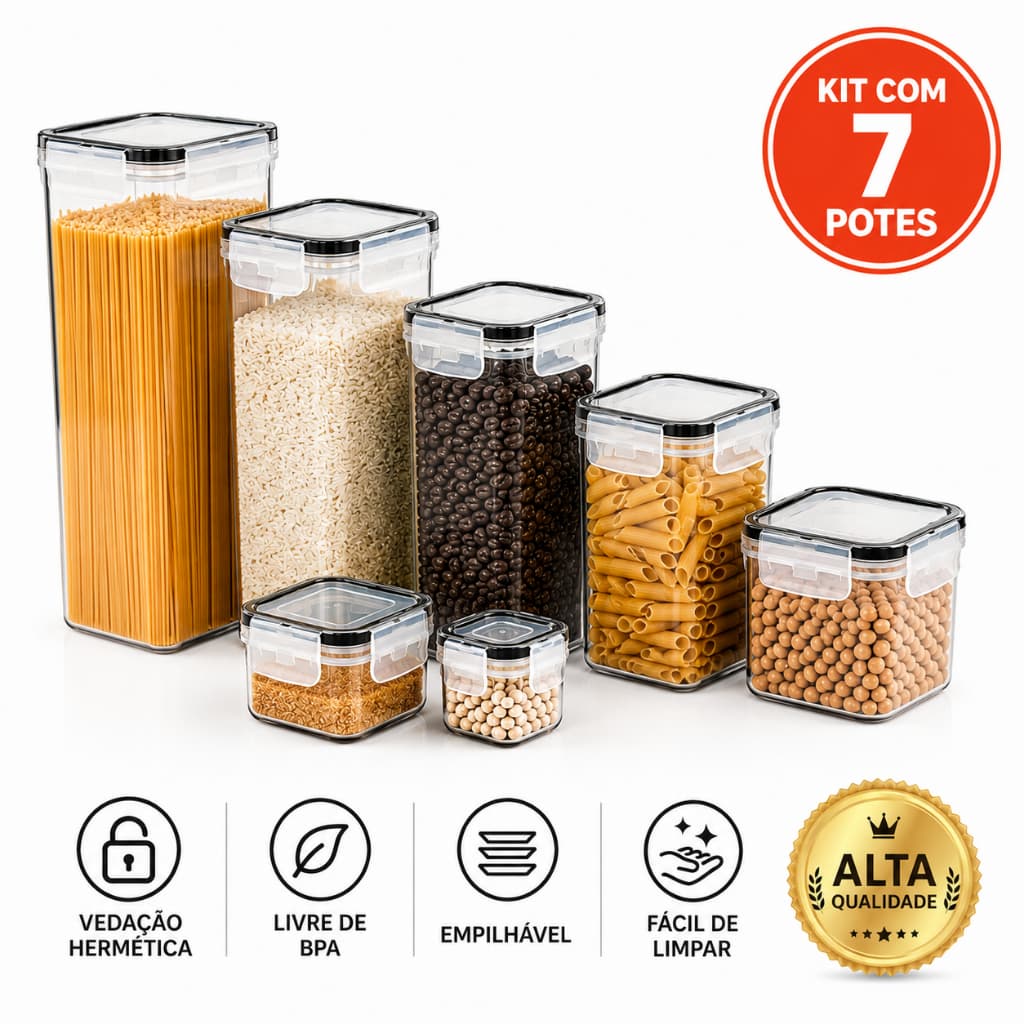 Kit 7 Potes Herméticos Quadrados Empilháveis Organizador Mantimentos Cozinha Despens Vedação Resistente