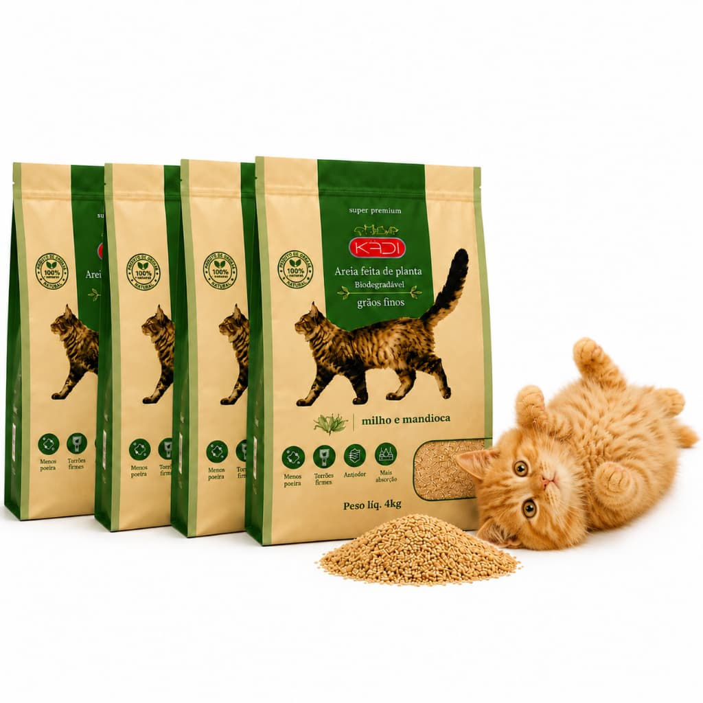 Kit 4 Areia Higiênica Kadi 16KG Biodegradável Grãos Finos Mandioca e Milho
