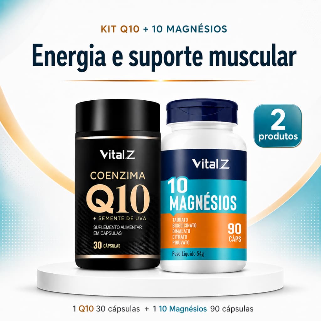 Kit Coenzima Q10 100mg + 10 Magnésios (Taurato, Bisglicinato, Dimalato, Citrato, Piruvato) - Energia, Músculos Bem-Estar