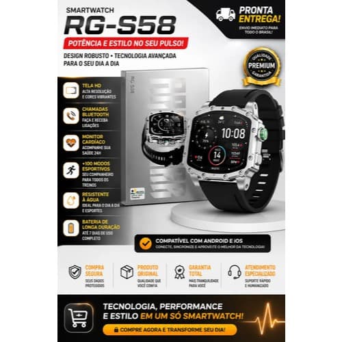 Smartwatch Digital Robusto C/ Caixa Metálica Revenger Rg-s36