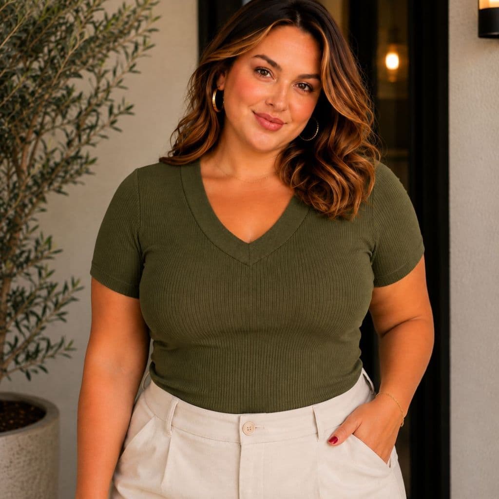 lusa Feminina Plus Size Decote Gola V Na Malha Canelada Moda Confortável Básica P029