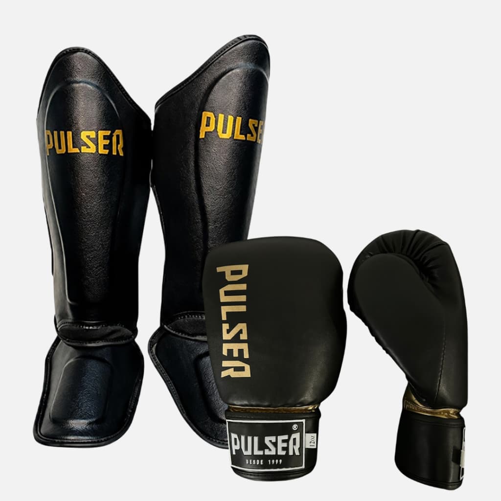 Kit Luva 12oz e Caneleira M Muay Thai Kickboxing Pulser Profissional
