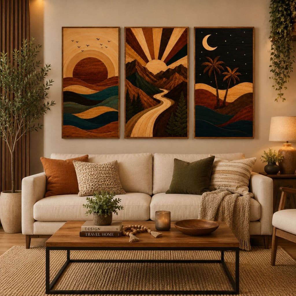 Quadros Decorativos Parede Paisagem Moderna Abstrata Kit 3 Peças Geométrico Boho Quarto Escritório